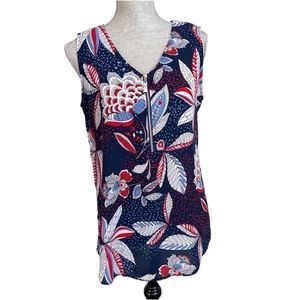 Roz Ali Floral Tank Top Zip V Neck Sleeveless Blouse Red White Blue Medium
